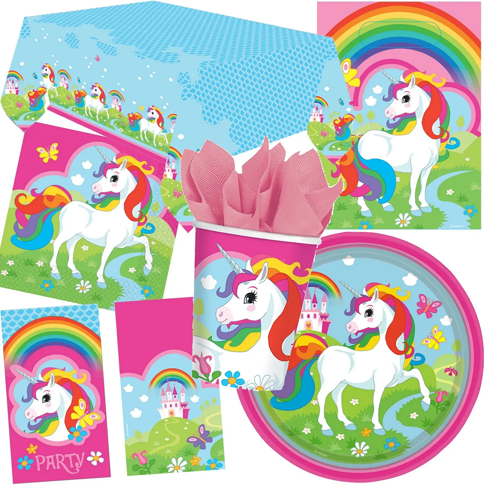 Набір посуду для вечірки Єдиноріг Райдуга для дитячих днів народжень та тематичних вечірок: Тарілки, Стаканчики, Серветки, Скатертина, Запрошення, Пакети для вечірки, Стрічки, Повітряні кульки, фото №1