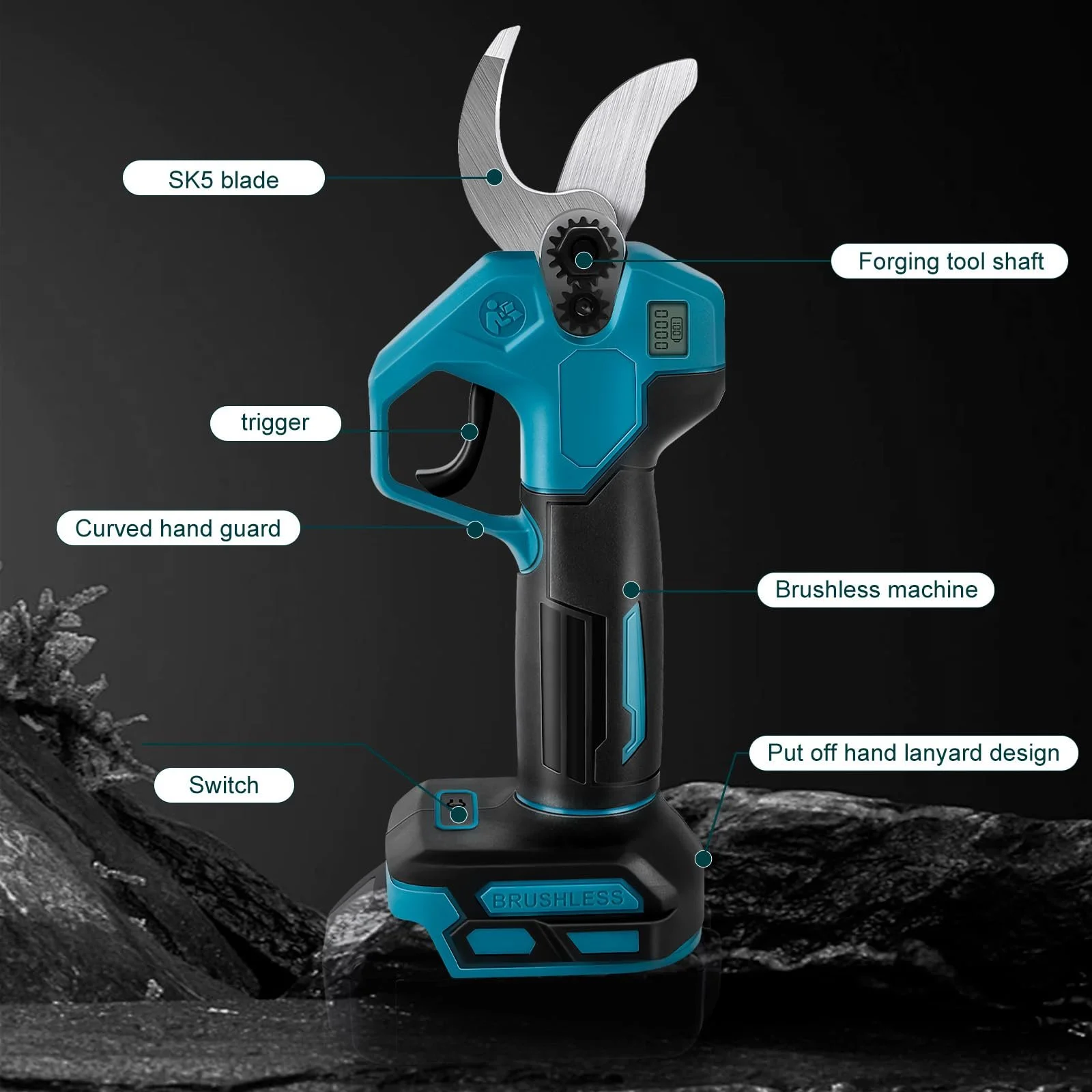 Акумуляторний гілкоріз WingFly, електричний секатор з 2 акумуляторами, безщітковий двигун, максимальний діаметр різання 28 мм, синій, фото №8