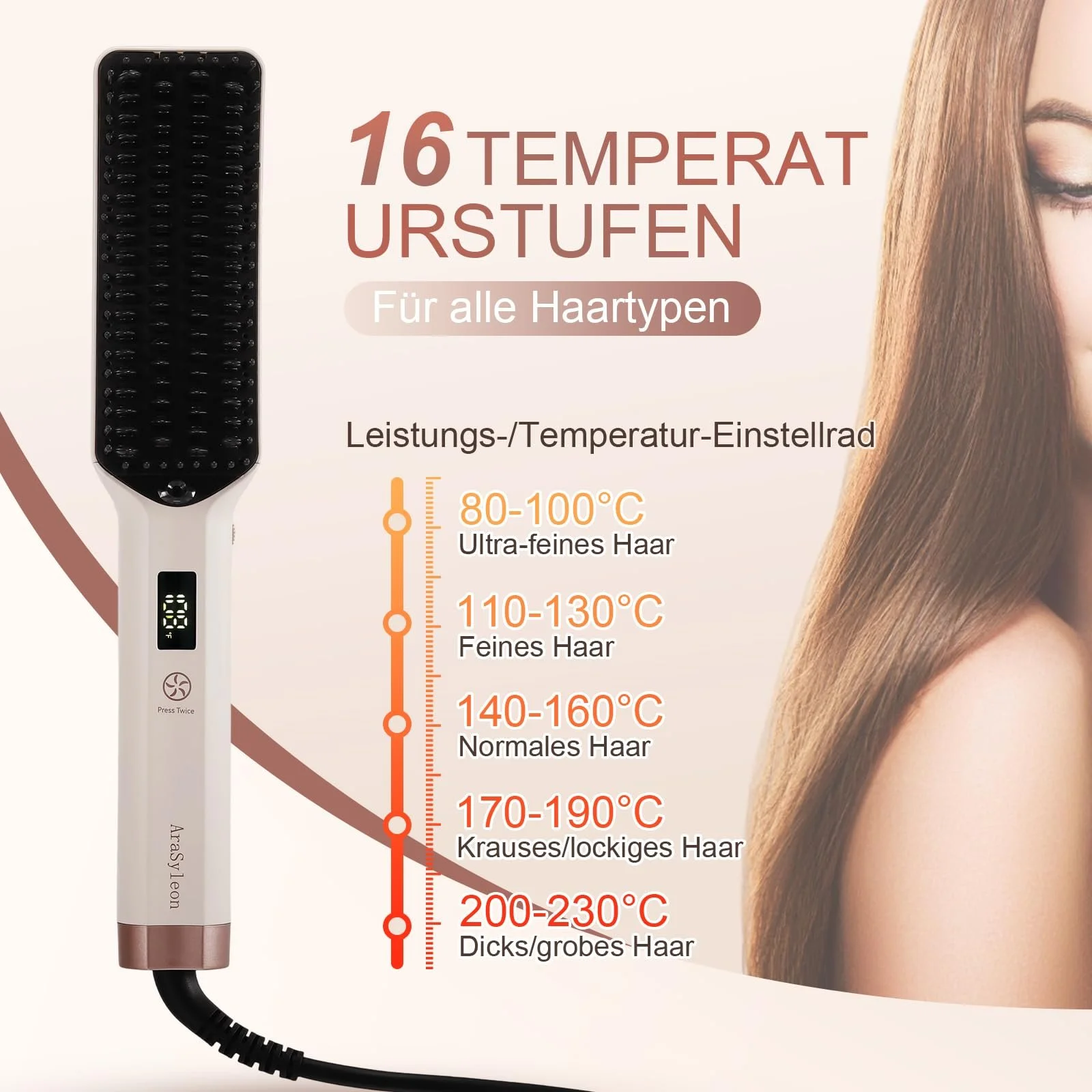 Щетка-выпрямитель AraSyleon ионная керамическая 80-230 °C 110-240V, фото №7 Щетка-выпрямитель AraSyleon ионная керамическая 80-230 °C 110-240V, фото №7