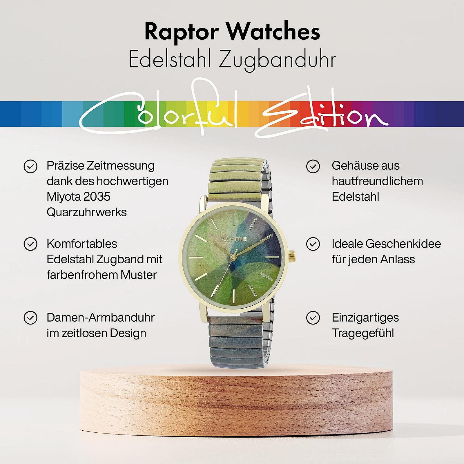 Жіночий годинник Кварцовий Аналоговий Raptor Colourful Edition Діаметр 36 мм, Зелений, Різнокольоровий принт, фото №2 Жіночий годинник Кварцовий Аналоговий Raptor Colourful Edition Діаметр 36 мм, Зелений, Різнокольоровий принт, фото №2