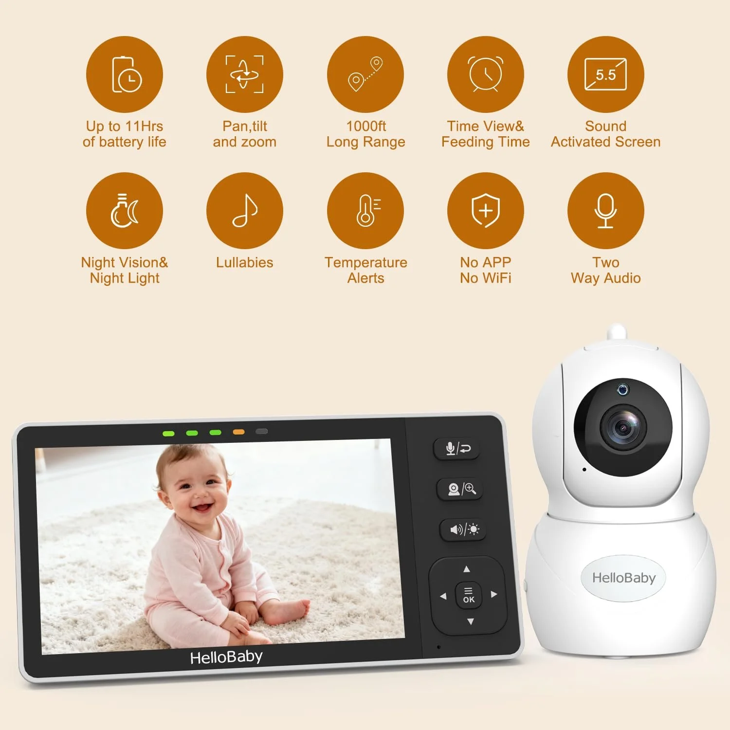 Відеоняня HelloBaby 5.5" 720P 320° Pan 120° Tilt 4000 мАг нічне бачення, фото №5