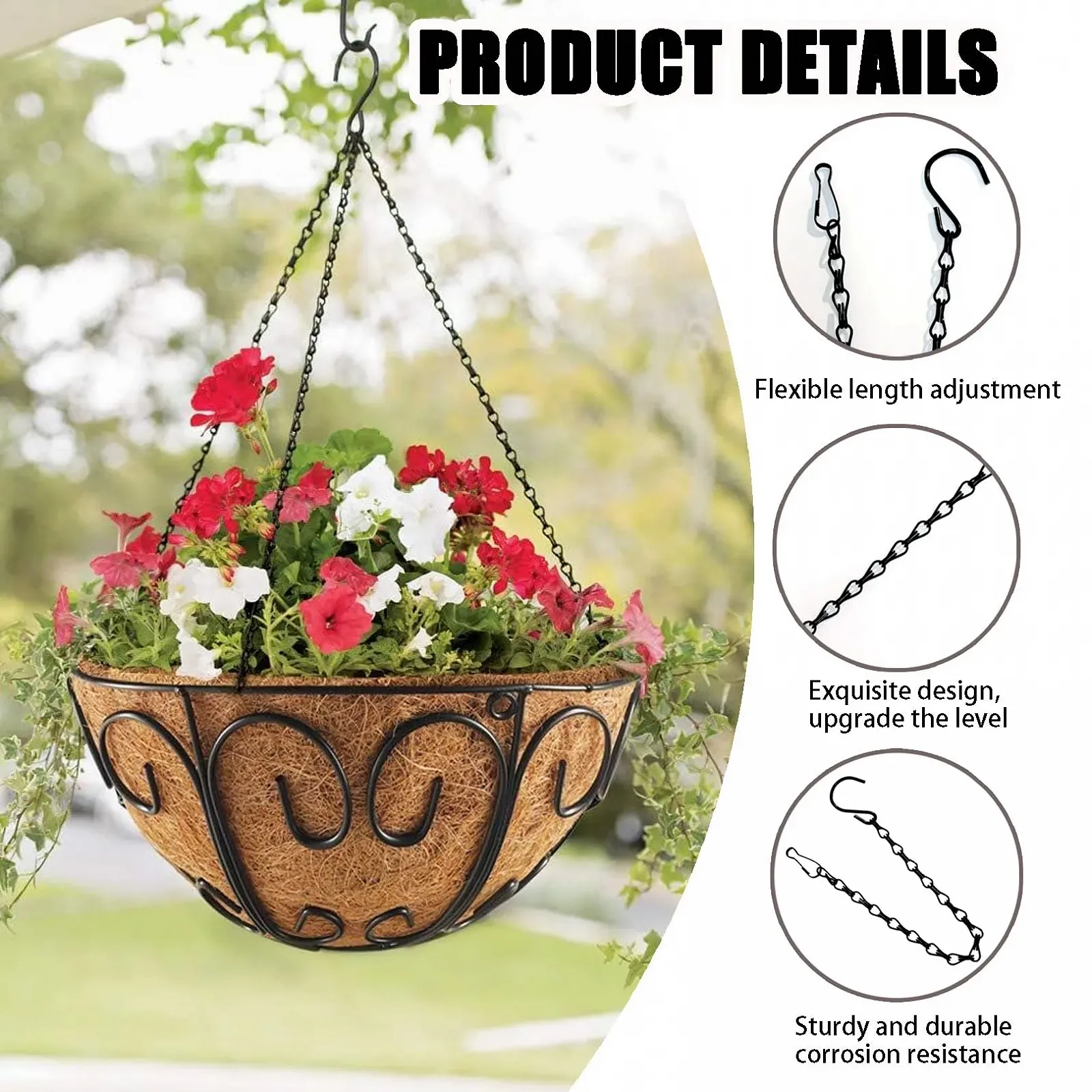 Набір підвісних ланцюгів для квіткових кошиків 4 шт. Метал 50 см Чорний, фото №3