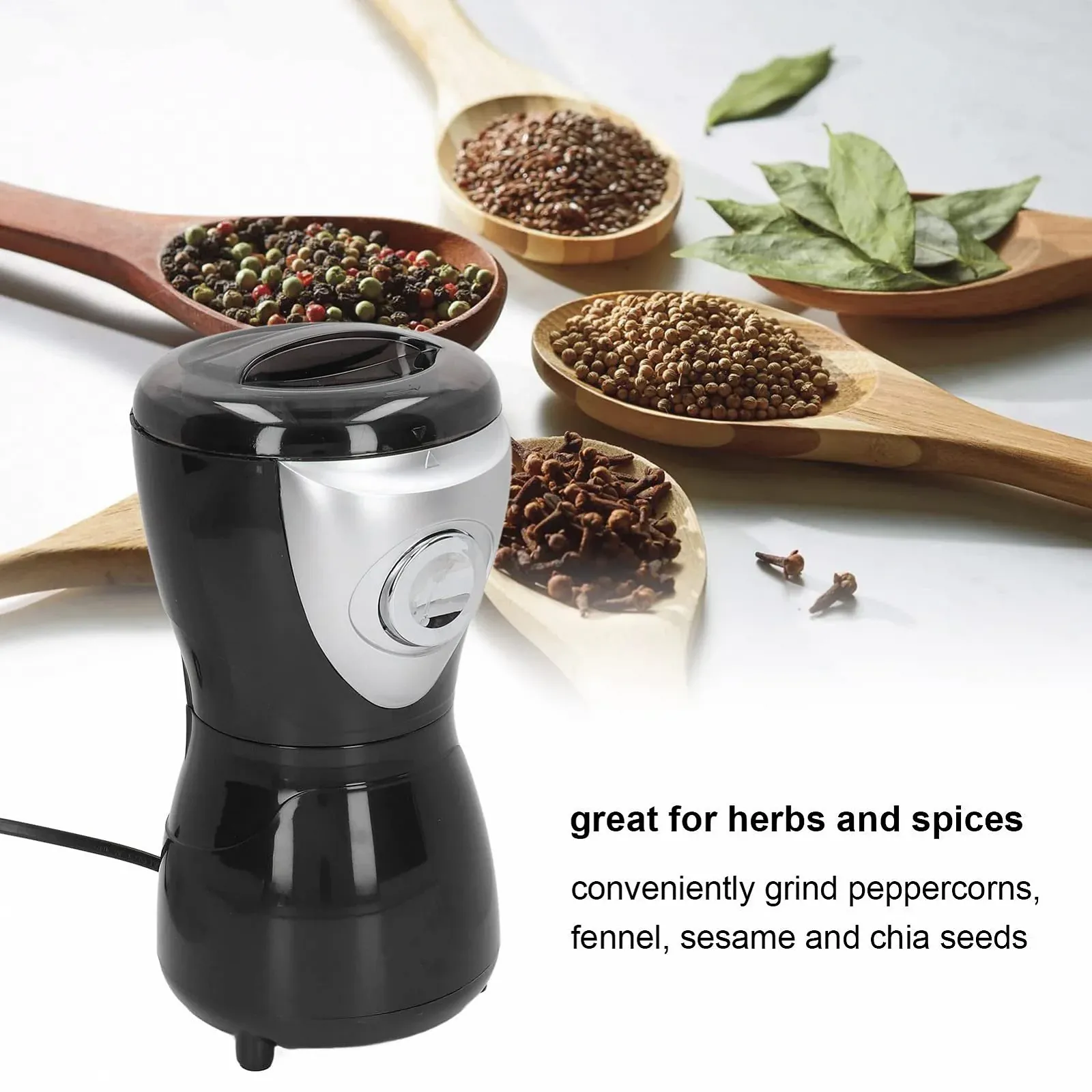 Электрическая кофемолка 300 Вт, лезвие из нержавеющей стали, автоматическая, для кофейных зерен, специй, трав, EU Plug, 220 В, фото №3