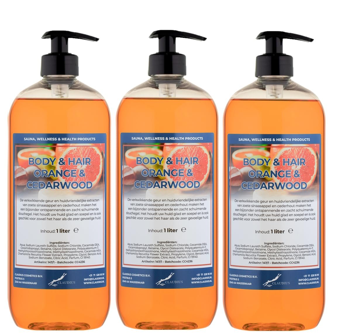 Гель для душу та шампунь 2 в 1 Sweet Orange & Cedarwood Прозорий Набір із 3 шт з помпою 1 л, фото №1