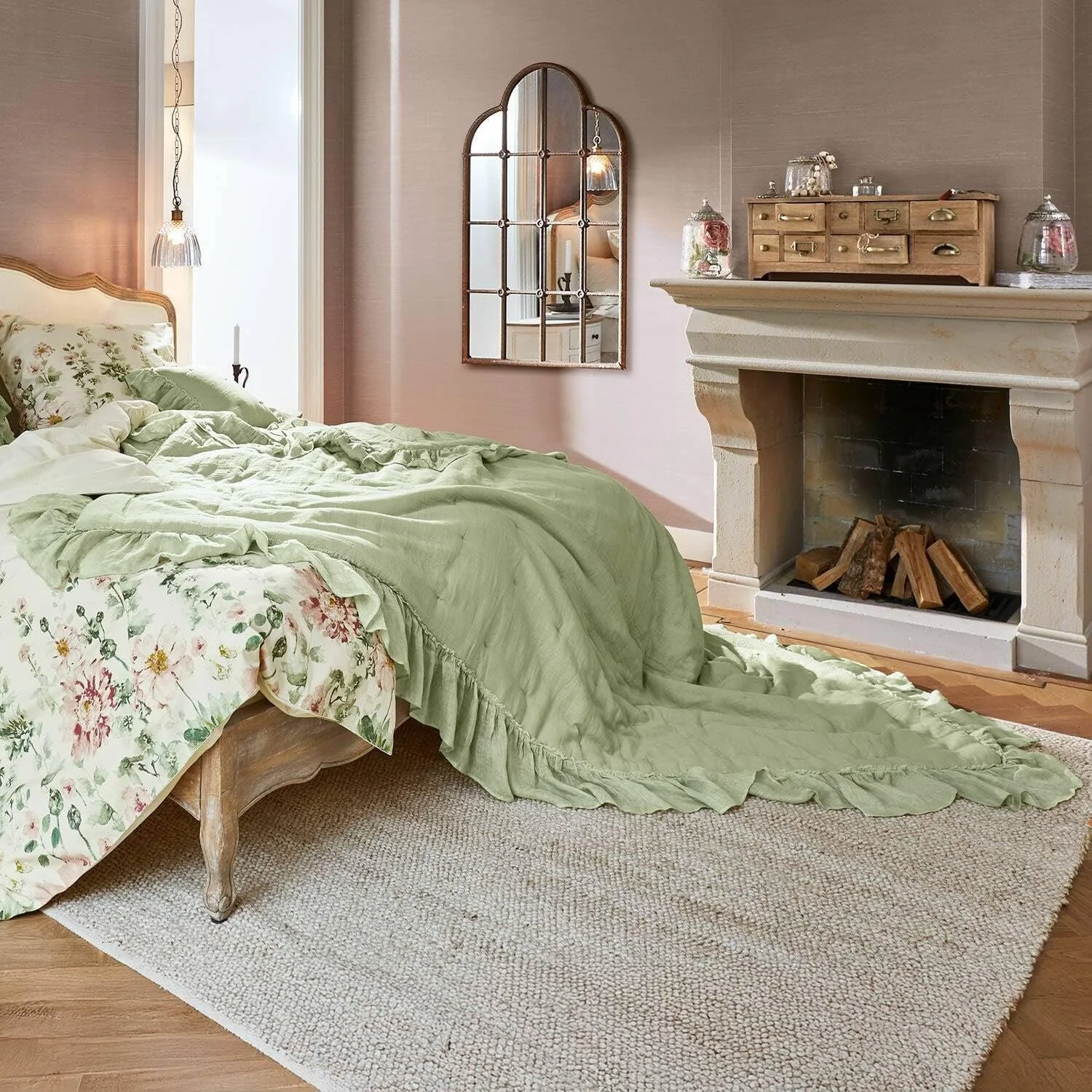 Покривало Loberon Martone М'яка підкладка Бавовна, Льон, Зелений, фото №2