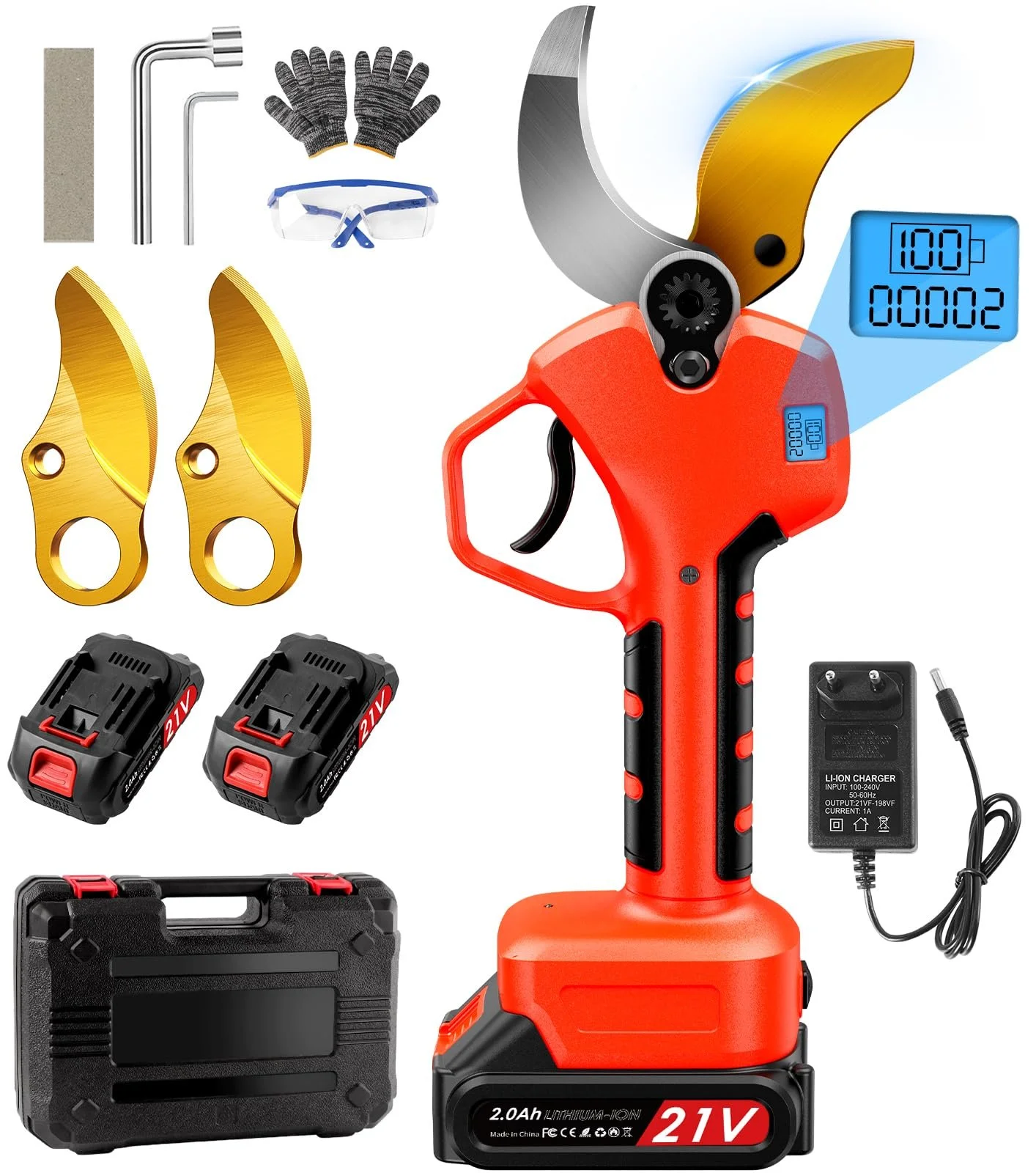 Електричний Секатор 40 мм, Лезо SK7, 2 x 2Ah Літієві Акумулятори 21 V, З Коробкою для Зберігання, фото №1