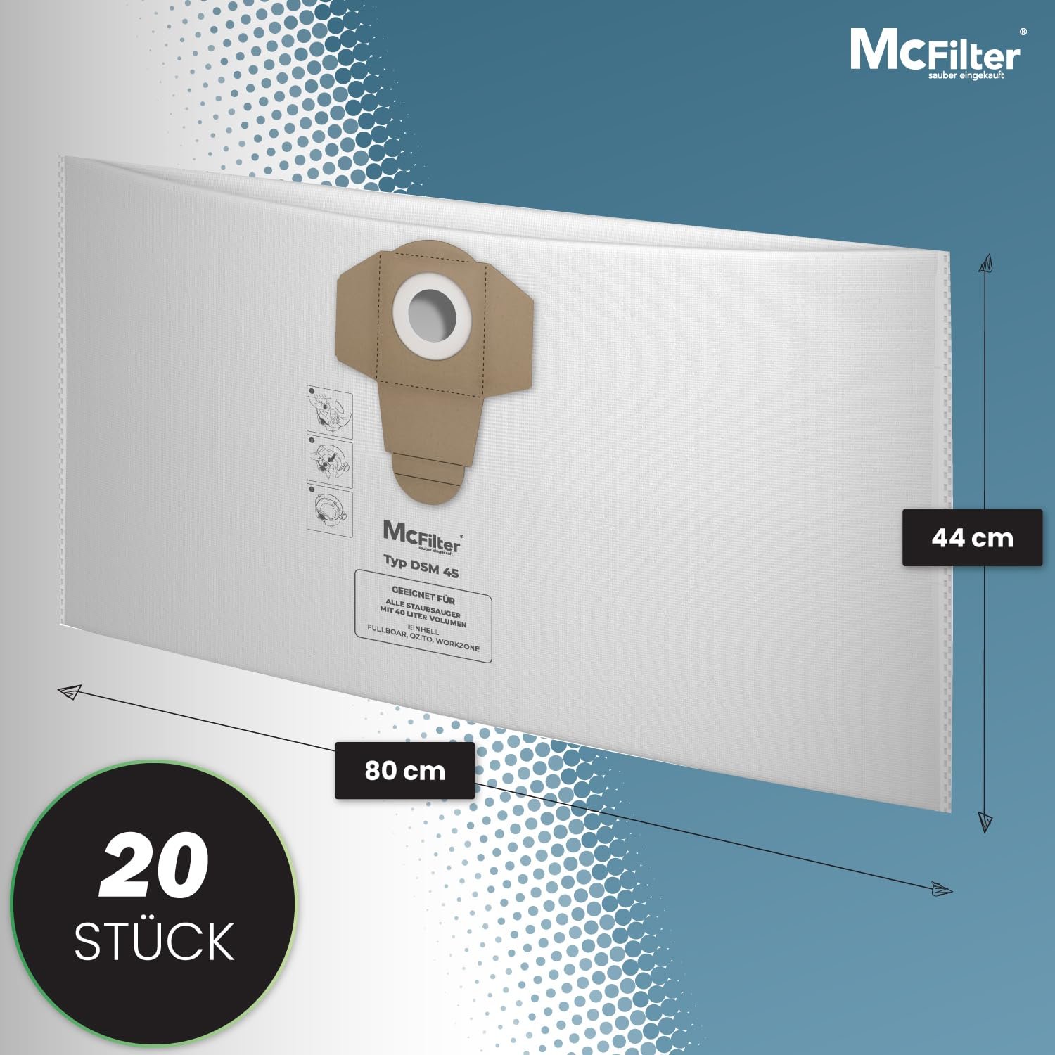 Мешки McFilter DSM 45 20 для пылесоса 40 л Совместимы с любыми Einhell 40-литровыми пылесосами, фото №3 Мешки McFilter DSM 45 20 для пылесоса 40 л Совместимы с любыми Einhell 40-литровыми пылесосами, фото №3