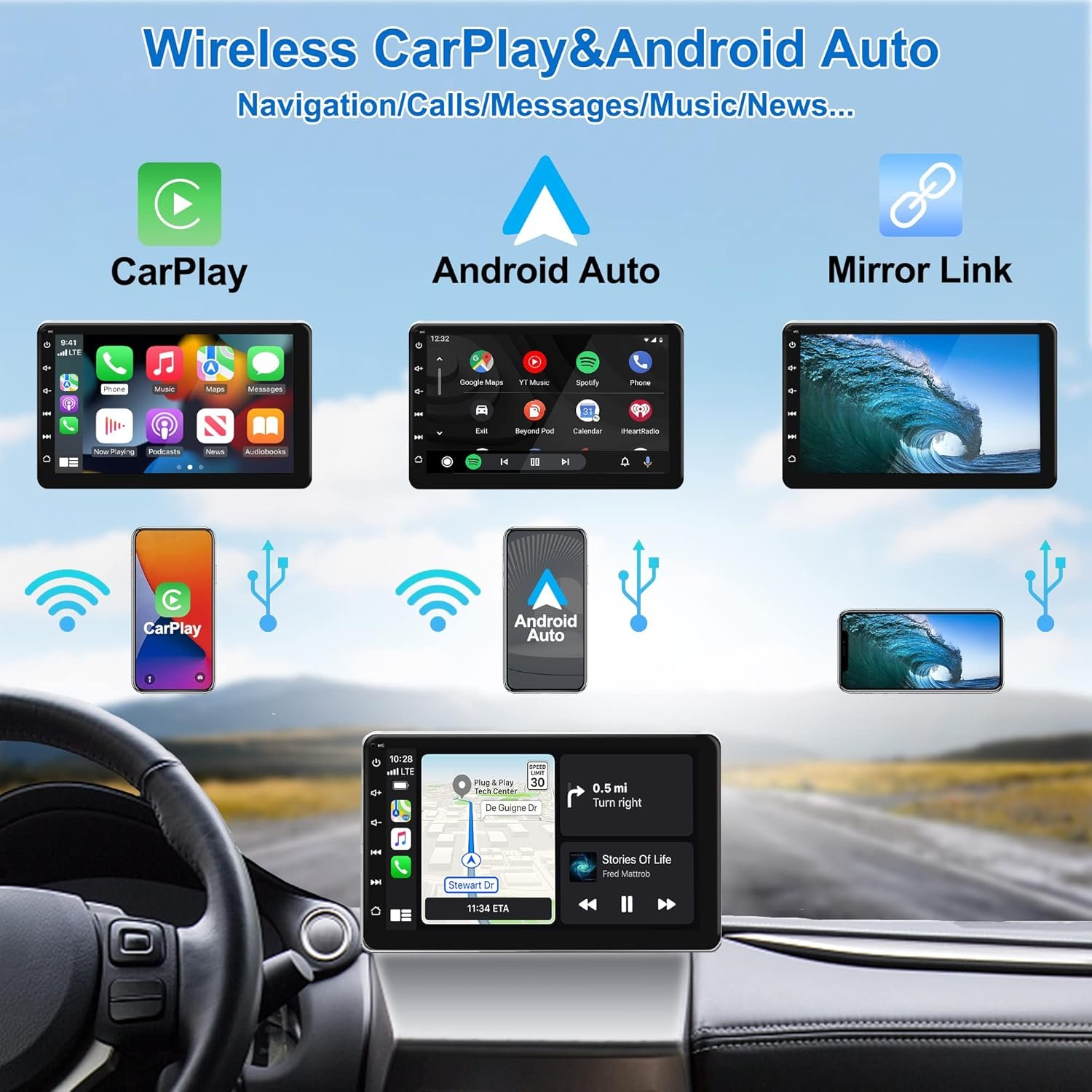Автомагнітола Smart Screen / 7" / Сенсорна / Apple CarPlay / Android Auto / Wi-Fi / GPS / Bluetooth / USB / AUX, фото №2