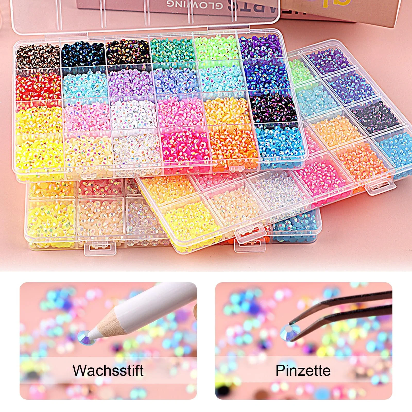 Набор страз для ногтей Glitter Stones Nails Set круглые глянцевые 3 мм 24 цвета 19200 шт с пинцетом и восковым карандашом, фото №3 Набор страз для ногтей Glitter Stones Nails Set круглые глянцевые 3 мм 24 цвета 19200 шт с пинцетом и восковым карандашом, фото №3