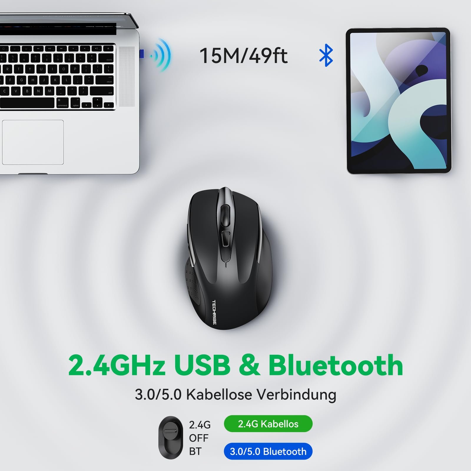 Мышь TechRise Bluetooth 2.4G Wireless (BT 5.0/3.0 + 2.4G) 4800 DPI Перезаряжаемая Эргономичная USB-A Приемник 6 уровней DPI Бесшумная Беспроводная Для ноутбуков Компьютеров ПК Windows Черная, фото №2