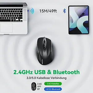 Миша TechRise Bluetooth 2.4G Wireless (BT 5.0/3.0 + 2.4G) 4800 DPI Перезаряджувана Ергономічна USB-A Приймач 6 рівнів DPI Безшумна Бездротова Для ноутбуків Комп'ютерів ПК Windows Чорна synthetic.ua - Фото 1