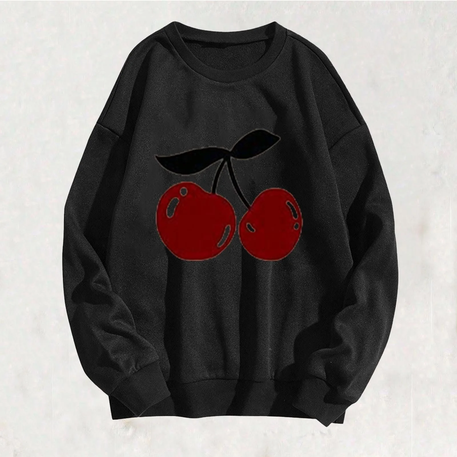 Пуловер Komiseup Oversized Y2K Лонгслив Базовый Круглый вырез Толстовка без капюшона Элегантная Однотонная Лонгшерт Модная Рубашка с вишневым принтом Хлопковая Спортивная рубашка для девушек-подростков Streetwear 02, фото №2