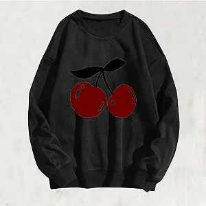 Пуловер Komiseup Oversized Y2K Лонгслив Базовый Круглый вырез Толстовка без капюшона Элегантная Однотонная Лонгшерт Модная Рубашка с вишневым принтом Хлопковая Спортивная рубашка для девушек-подростков Streetwear 02 synthetic.ua - Фото 1