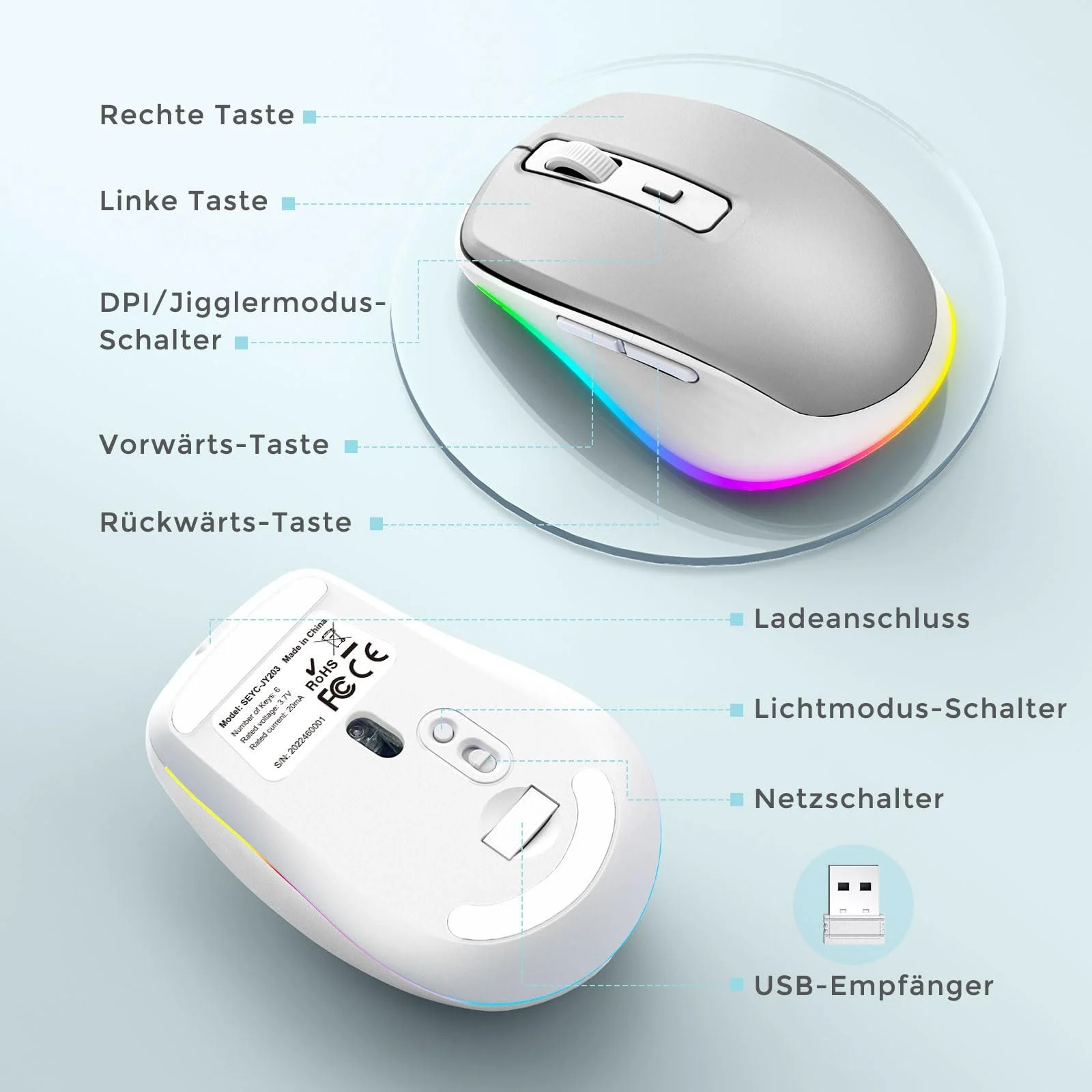Мышь беспроводная Seenda, LED, перезаряжаемая, с Mouse Jiggler, тихая, 2.4G USB, 2000 DPI, белая, фото №6