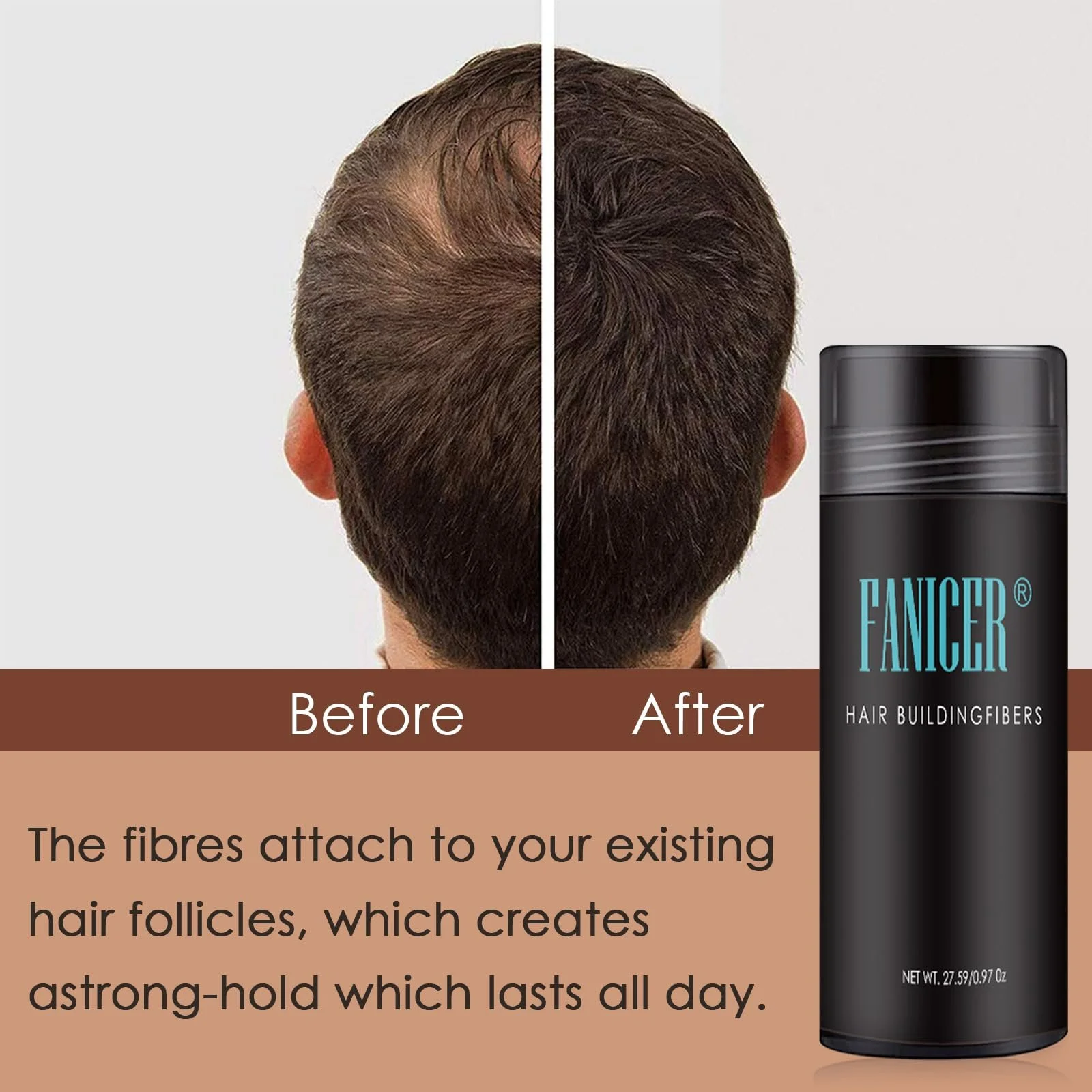 Волокна для волос 27.5 г для покрытия редких и лысых участков, премиальные рассыпанные волосы для утолщения волос, для мужчин и женщин, темно-коричневый, фото №3
