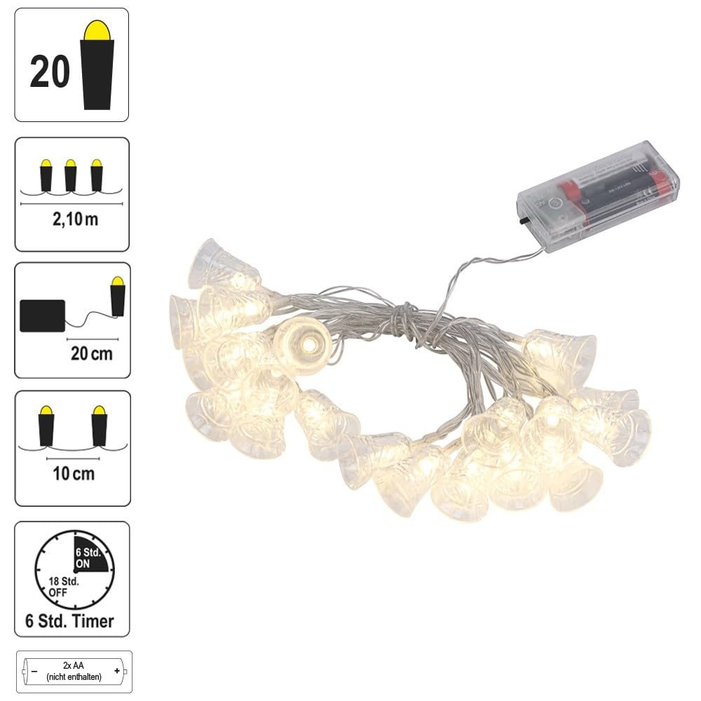 Світлодіодна гірлянда Ideen mit Herz Дзвіночки 20 LED Теплий білий 2,1 м, фото №3