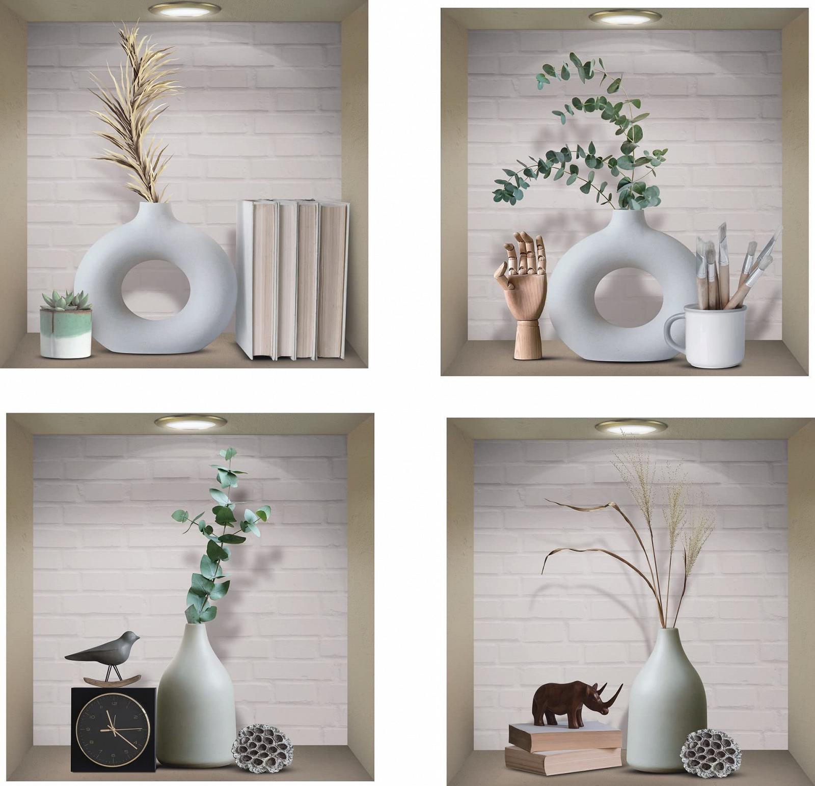 Наклейки на стіну Pack of 4 3D Vase Green Plants Вінілові Знімні Білий та Зелений, фото №1