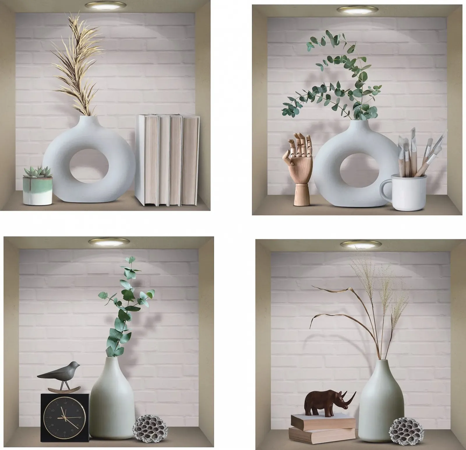 Наклейки на стену Pack of 4 3D Vase Green Plants Виниловые Съемные Белый и Зеленый, фото №1