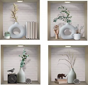 Наклейки на стіну Pack of 4 3D Vase Green Plants Вінілові Знімні Білий та Зелений - Фото 1