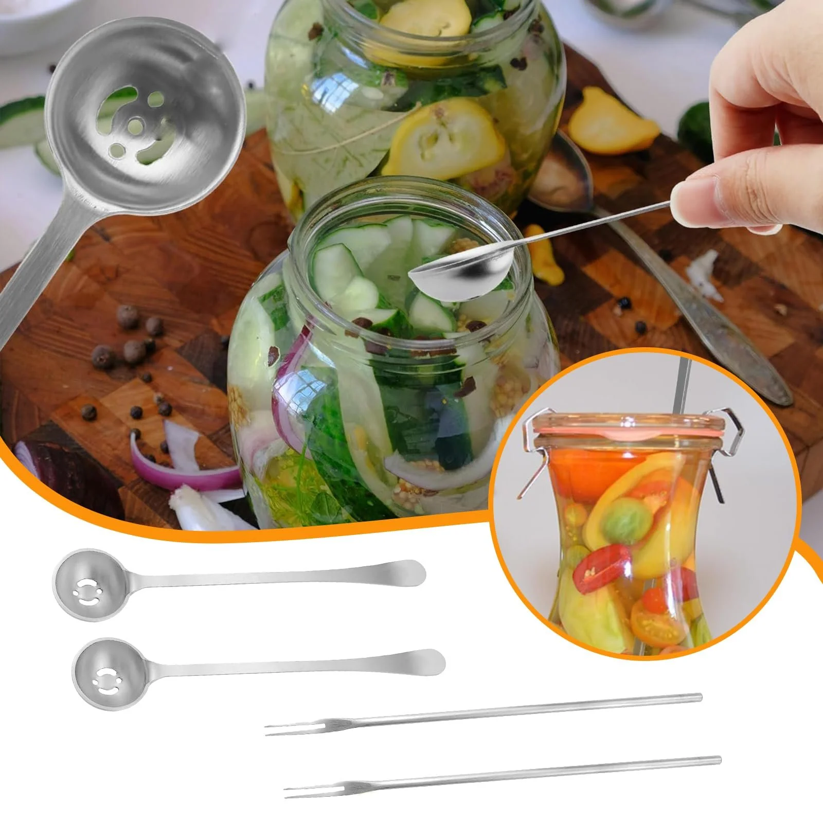 Набор ложек для оливок и вилок для огурцов Olive, ложка из нержавеющей стали с прорезями для банки с огурцами, шпажки для оливок с длинной ручкой, идеально подходит для подачи оливок, огурцов и десертов, 4 штуки, фото №6