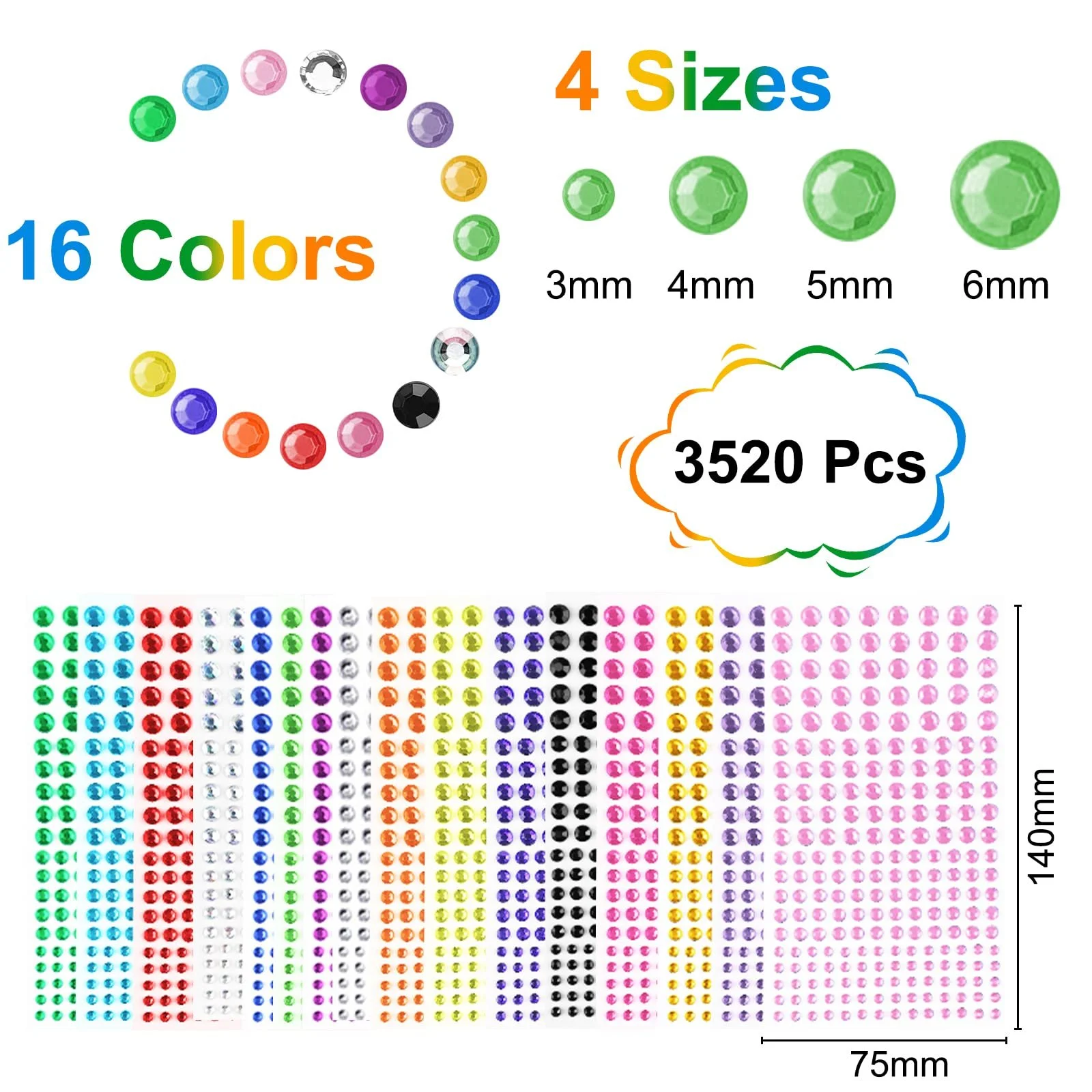 Стразы Fousenuk Набор 3520 штук, 16 листов, самоклеящиеся, 4 размера, 16 цветов для лица, DIY искусства, ремесел, макияжа ногтей, фото №2