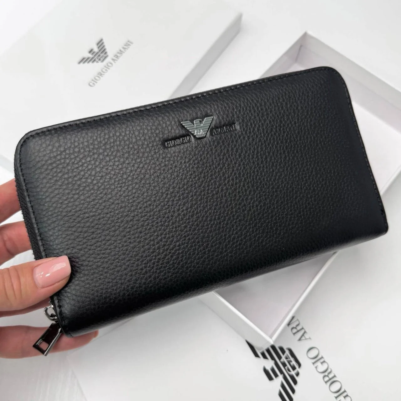 Мужской кожаный кошелек на молнии Giorgio Armani клатч на замке армани, фото №5