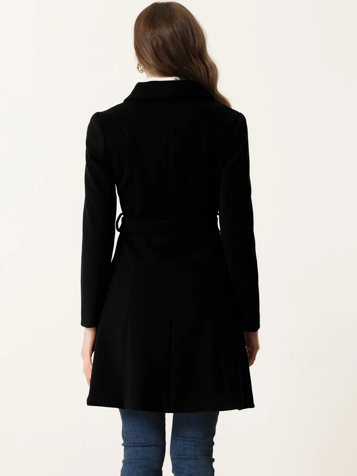 Пальто Allegra K Зимнее Двубортное С Плоским Воротником С Поясом И Карманами, фото №3 Пальто Allegra K Зимнее Двубортное С Плоским Воротником С Поясом И Карманами, фото №3