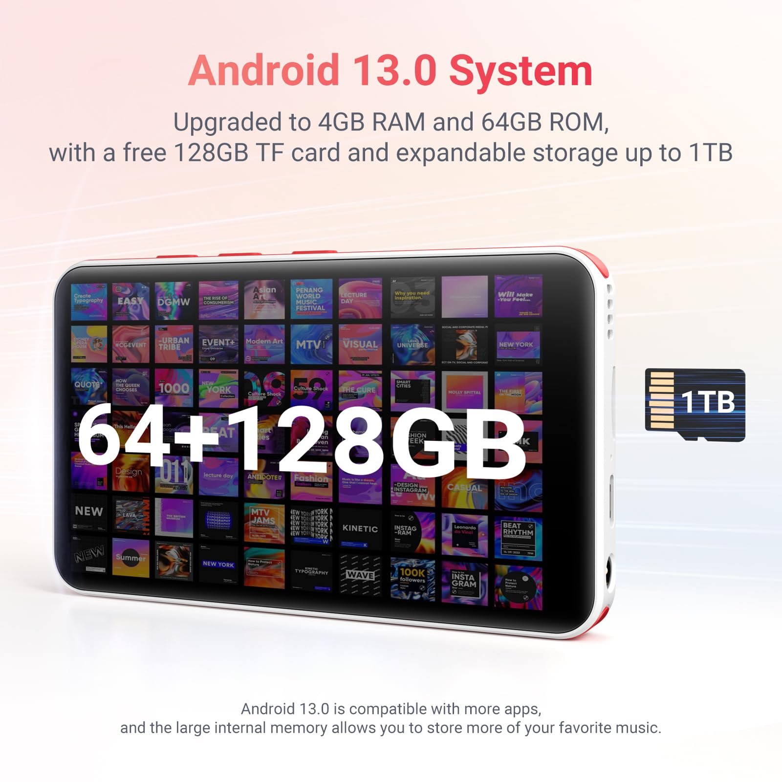 MP3 плеер Oilsky с Bluetooth и WiFi, Android 13.0, 4GB RAM, 4.0-дюймовый HD MP4 плеер с сенсорным экраном и динамиком, 192GB, черный, фото №2