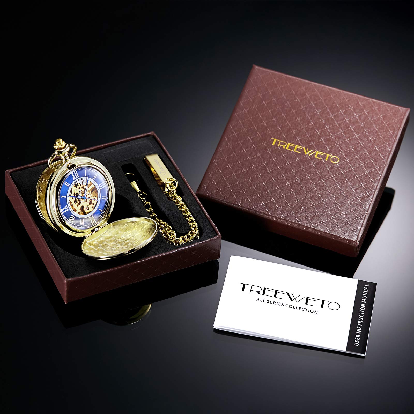 Кишеньковий годинник TREEWETO Smooth Double Case Skeleton Dial Delicate Mechanical Movement з ланцюжком золотий, фото №7