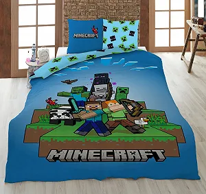 Дитяча постільна білизна AYMAX Minecraft Ready to Survive 135 x 200 см, односпальний розмір, покривало + наволочка 80 x 80 см, мікрофібра - Фото 1