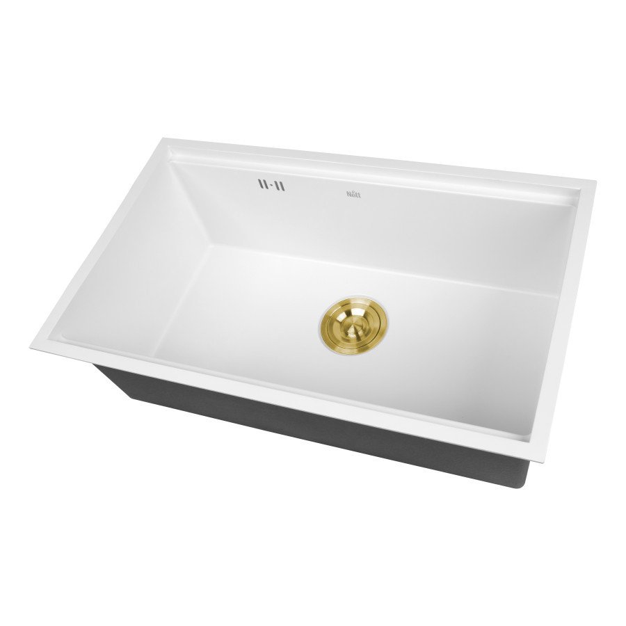 Кухонна мийка під стільницю білого кольору Nett NW-7042 із золотим сифоном, фото №2