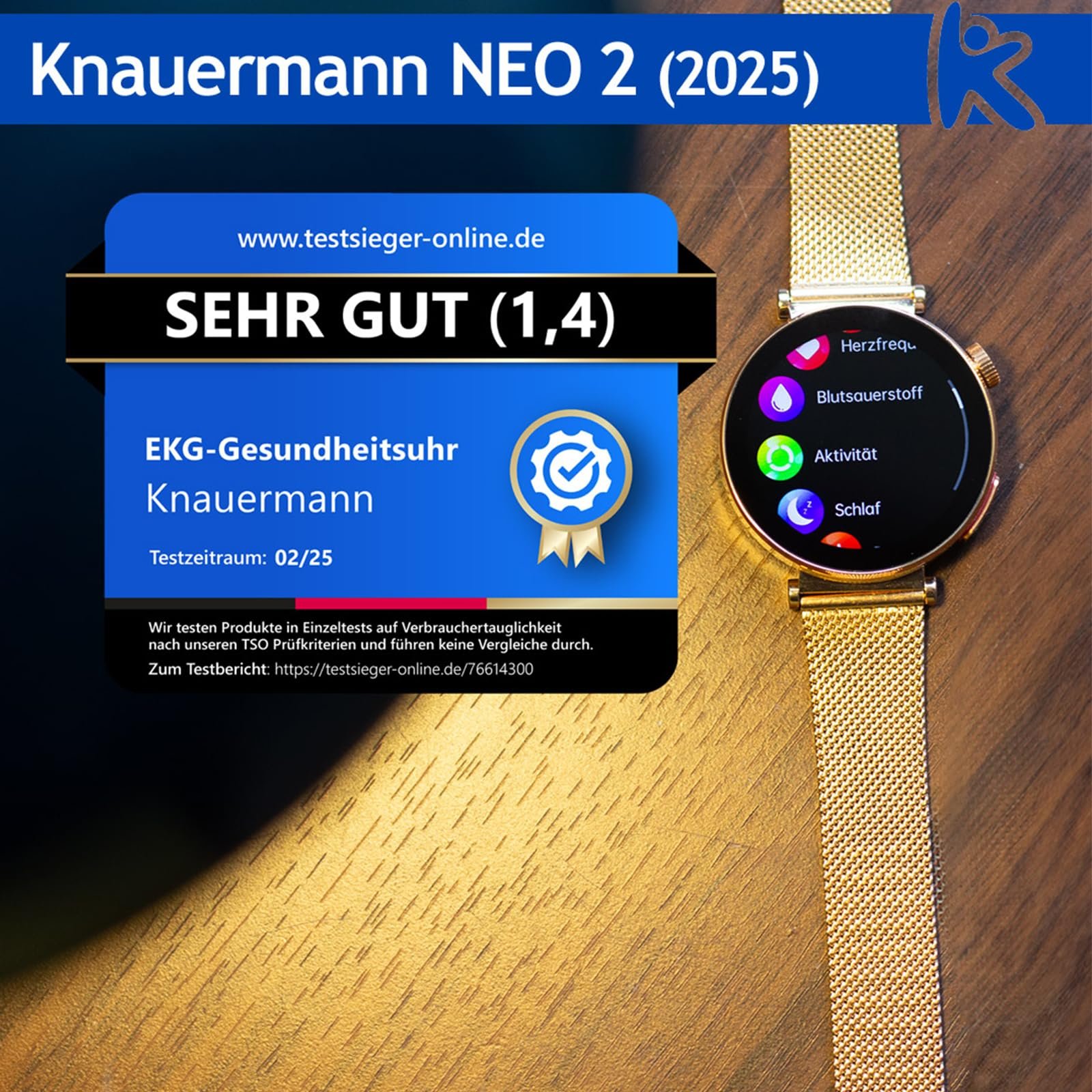 Смарт-часы Knauermann Neo 2 (2025) Золотые Круглые, Функции ЭКГ + ВСР, BT Bluetooth, Апноэ во сне, Измерение артериального давления, фото №6