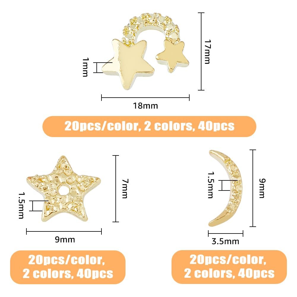 Набор страз для ногтей 120 шт, 6 стилей, сплав, платина/светлое золото, звезды, луна, 3D украшения для ногтей, фото №2