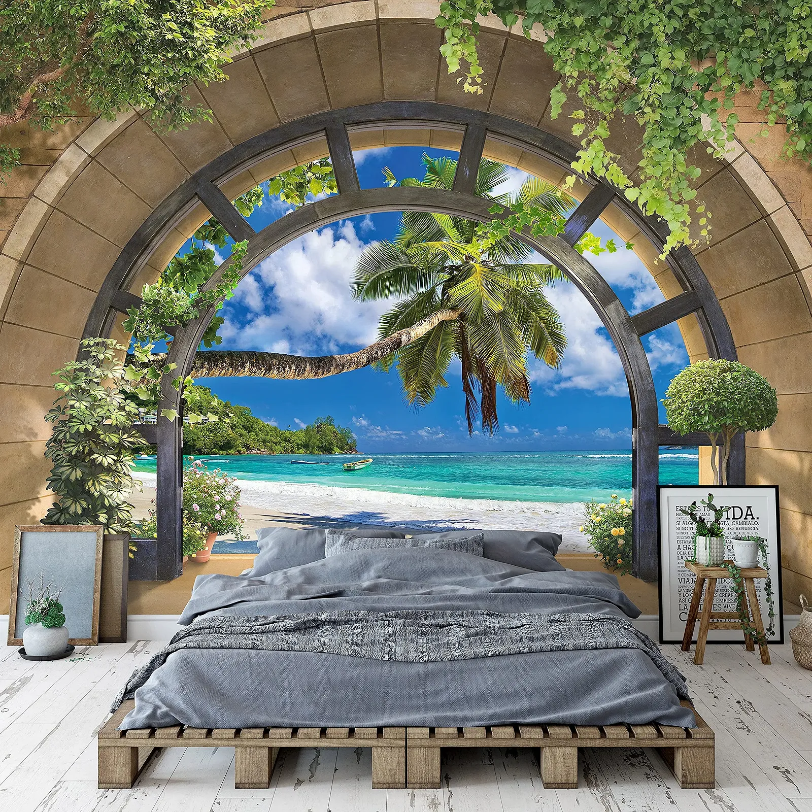 Фотошпалери 11554 VEXXL 3D Вікно Пляж Море Пальми 312 x 219 см 3 Панелі Флізелінові, фото №6