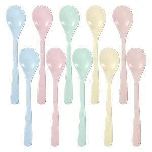 Ложки (10 шт в упаковке) Разноцветные, Пластиковые, Многоразовые, Имитация фарфоровой посуды, Длинные ложки для напитков, Йогурта, Десертов, Латте Макиато, Круглые - Фото 1