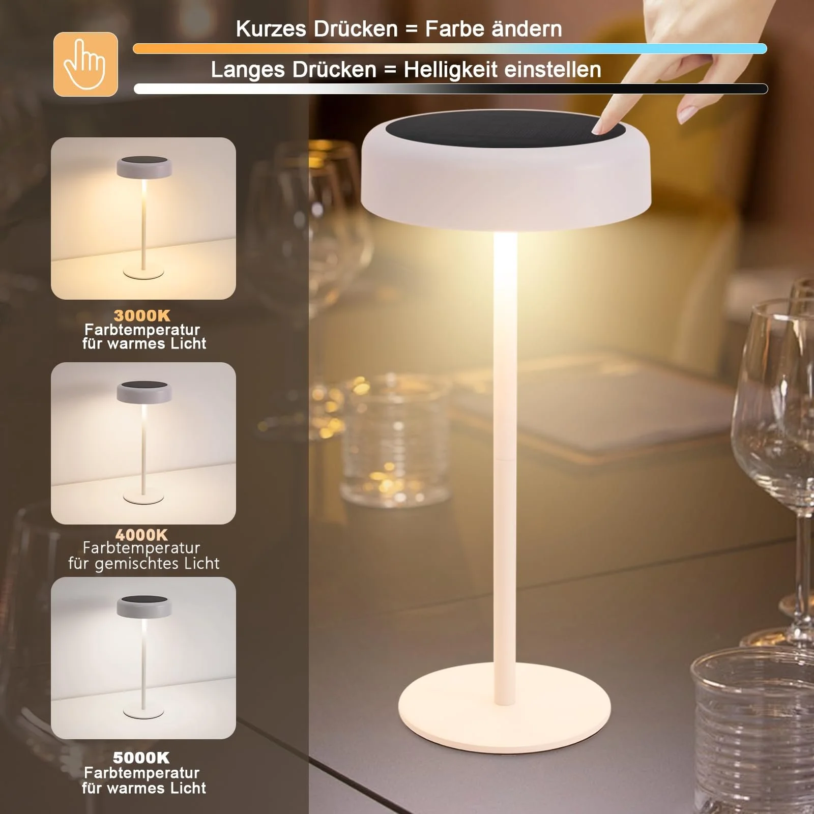 Настільна лампа LED Бездротова Сонячна Сенсорна Діммована 3000-5000 K USB-C 3600 мАг IP44 (Біла), фото №4