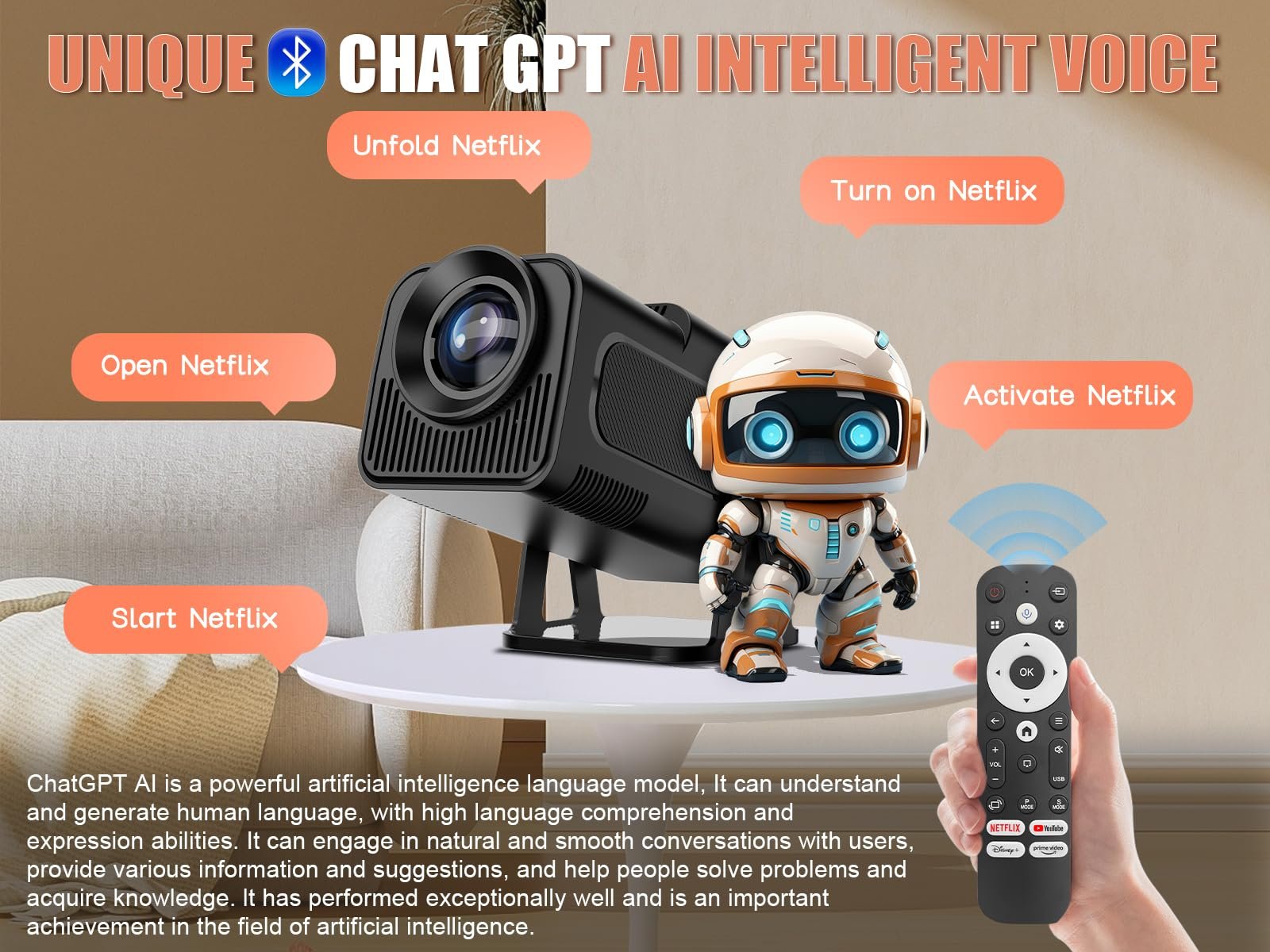 Мини-проектор Android 13 Smart Projector 4K Official Netflix, 320 ANSI, с WiFi и Bluetooth, ChatGPT голосовой помощник, портативный проектор для домашнего кинотеатра, для мобильных телефонов, фото №2