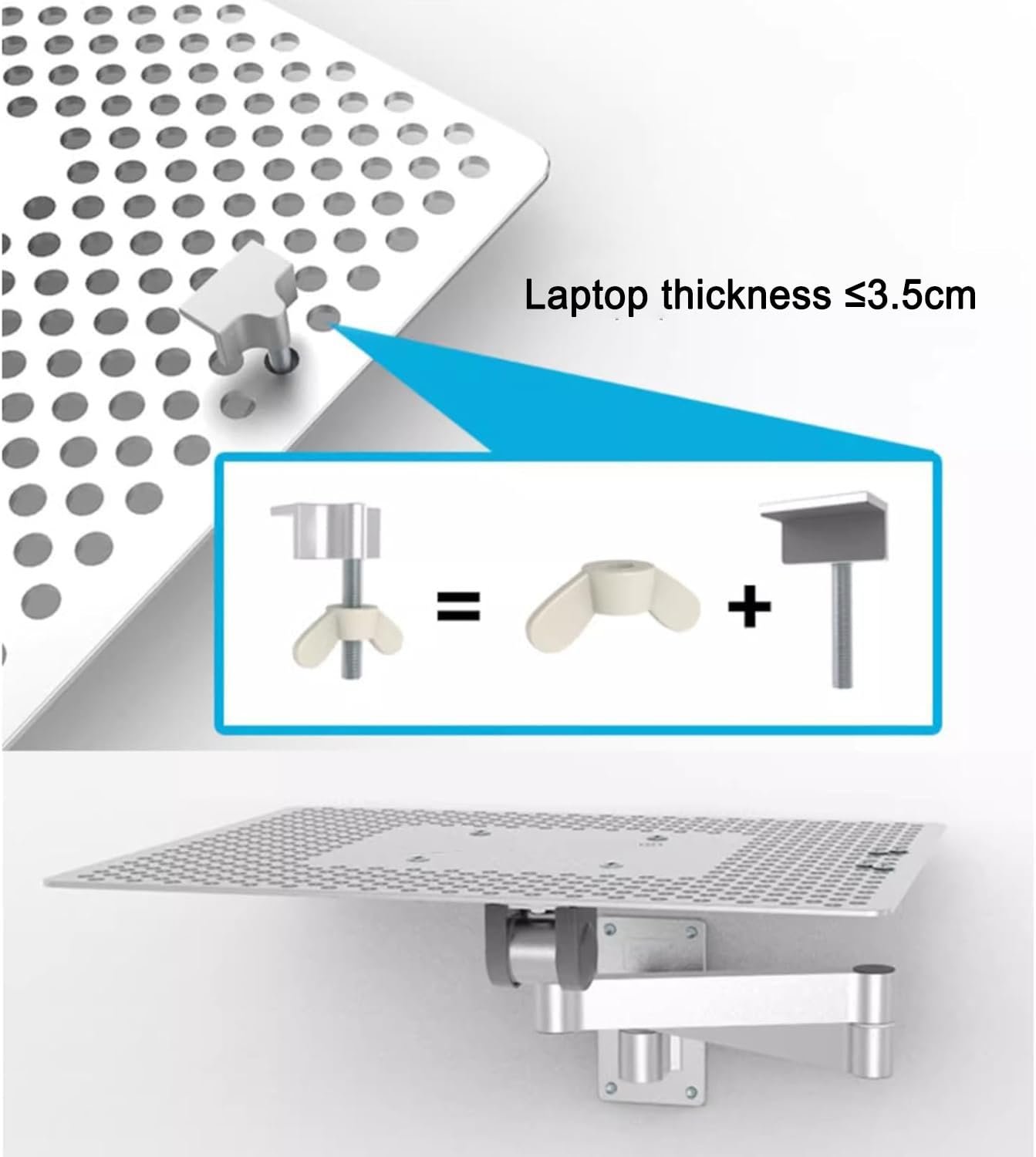 Настенное крепление для ноутбука складное с регулируемым кронштейном и подставкой для мыши. Полностью подвижная конструкция для улучшенного рассеивания тепла. Поддерживает до 8 кг, фото №6