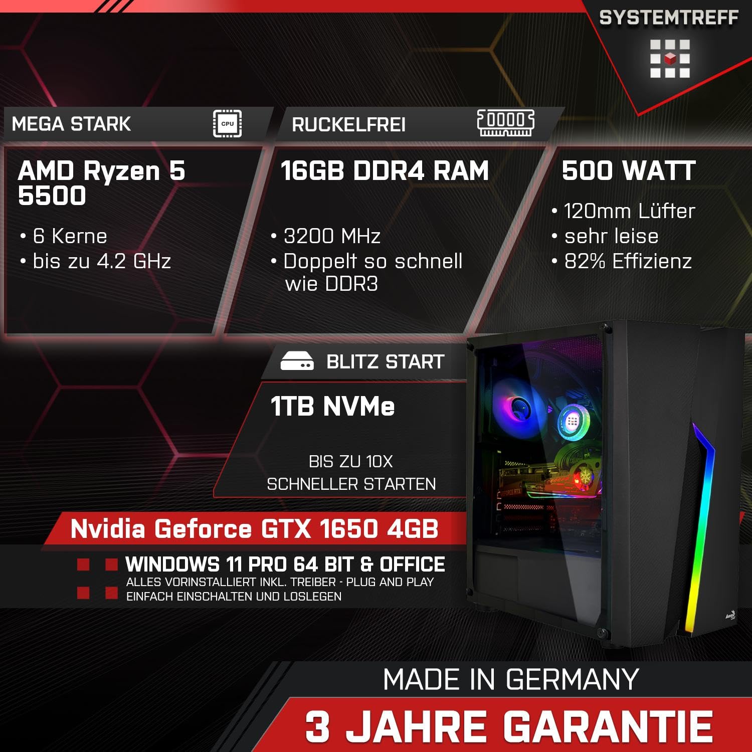 Комп'ютер SYSTEMTREFF Basic Gaming PC AMD Ryzen 5 5500 6x4.2GHz Nvidia Geforce GTX 1650 4GB 1TB M.2 NVMe 16GB DDR4 RAM WLAN, фото №2