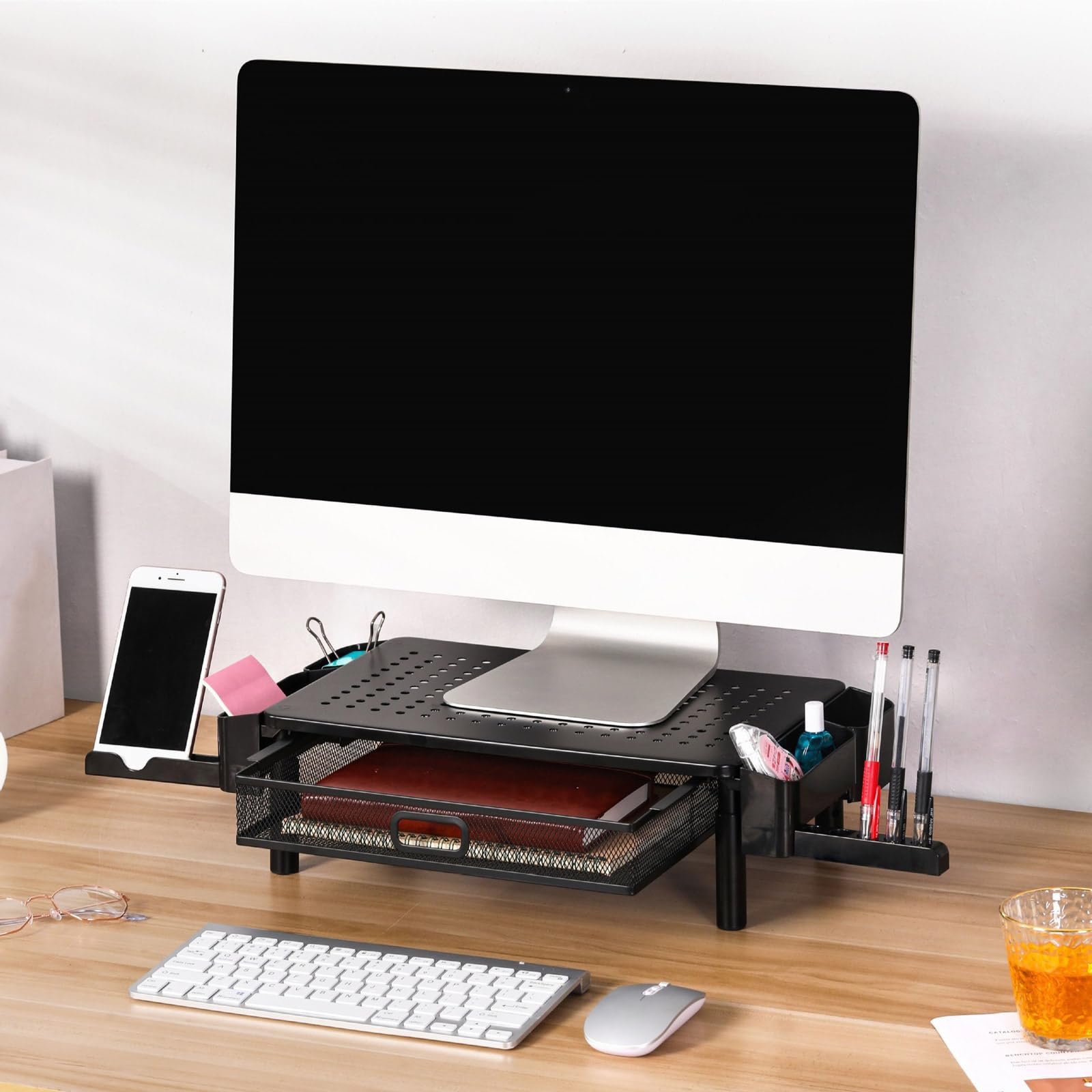 Регулируемая по высоте подставка для экрана PURPLELILY с боковым хранилищем, металлическая подставка для ноутбука с ящиком, держателем для телефона, держателем для ручек, многофункциональная подставка, фото №5