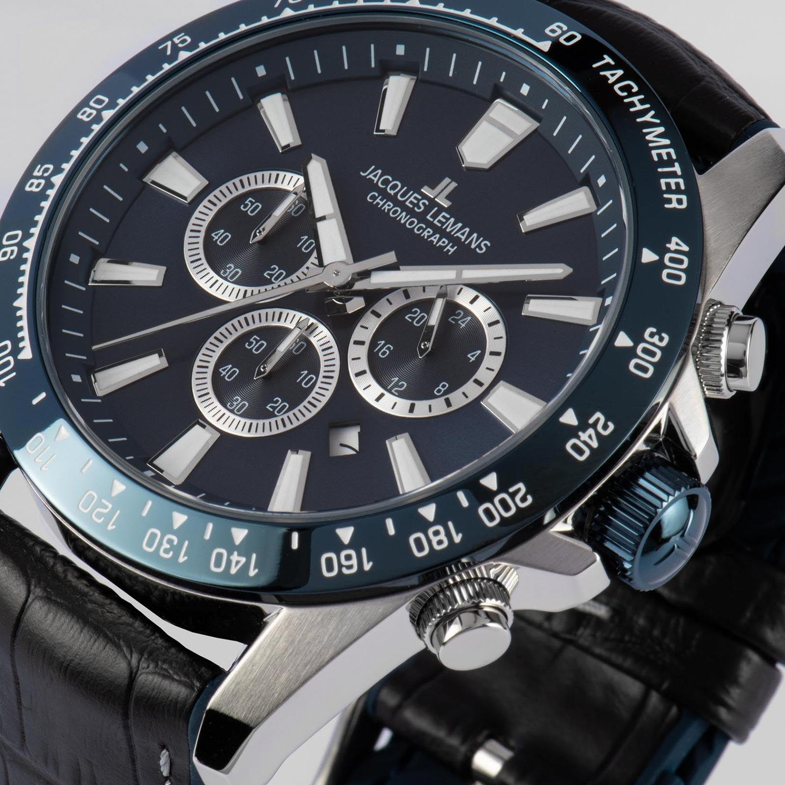 Мужские часы хронограф Jacques Lemans Liverpool 1-2140B черный/синий с ремешком, фото №2