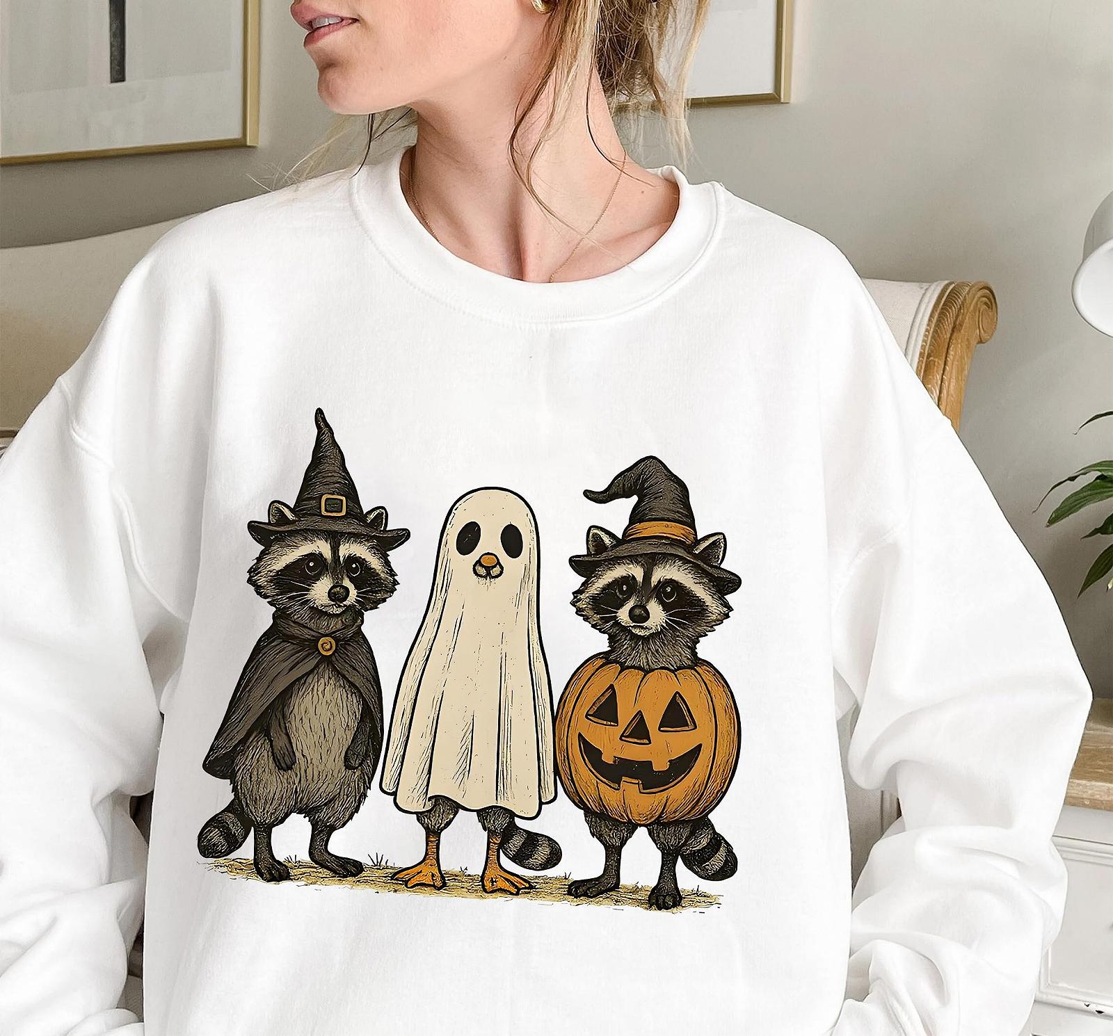 Свитшот Raccoon Boo Ghost & Hoodie Милый енот-привидение с тыквой на Хэллоуин, с длинными рукавами, фото №2