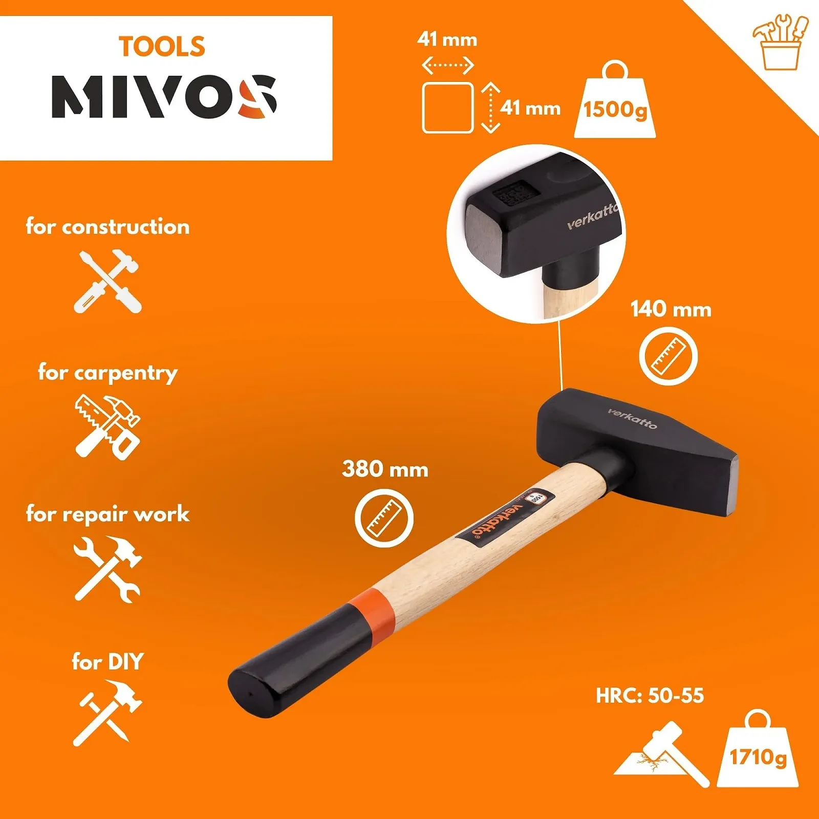 Слесарный молоток Mivos DIN 1041 1500 г с кованой стальной головкой и деревянной рукояткой, фото №2
