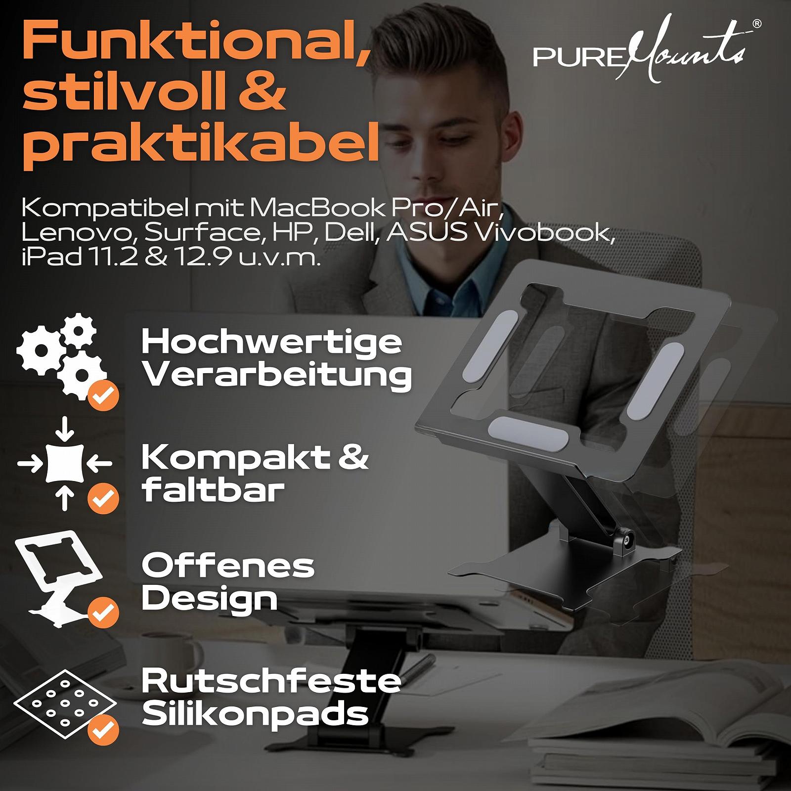 Підставка для ноутбука PureMounts, регульована по висоті, складана та ергономічна, плавно регульована алюмінієва, фото №8