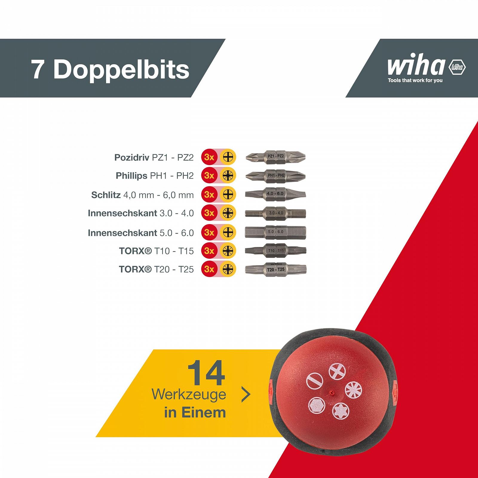Викрутка Wiha з магазином біт Stubby I з 7 подвійними бітами I 14 інструментів в одному I Slotted Phillips Pozidriv, Hexagon Socket, Torx® (43613), фото №2