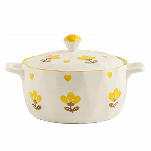 Форма для запекания керамическая круглая с крышкой и ручками Yellow Flower 1700 мл желтая - Фото 1
