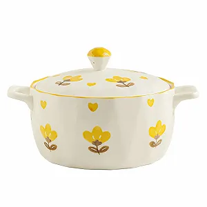 Форма для запекания керамическая круглая с крышкой и ручками Yellow Flower 1700 мл желтая - Фото 1