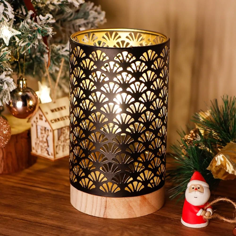 Настільна лампа JHY DESIGN акумуляторна з таймером на 6 годин бездротова 19 см з дерев'яною основою віялоподібний візерунок, фото №5