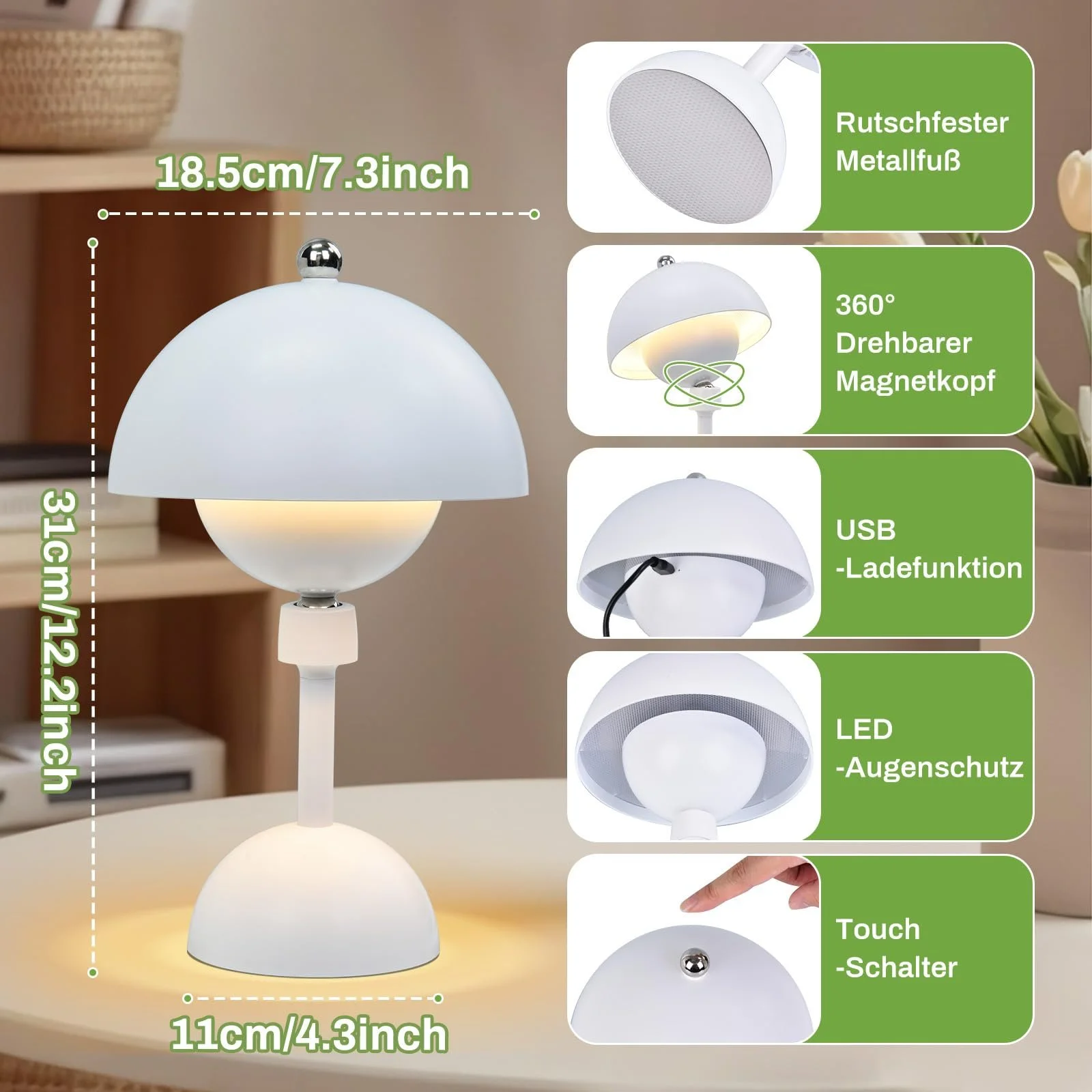 Настільна лампа Rosnek Mushroom Wireless LED 360° Magnetic Swivel 5000 mAh 3 Colours White, фото №5