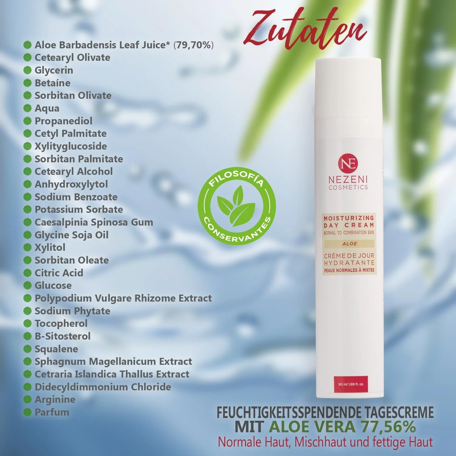 Зволожувальний крем для обличчя Nezeni Aloe Vera 79.70% 17 активних інгредієнтів для нормальної, жирної та комбінованої шкіри, фото №3